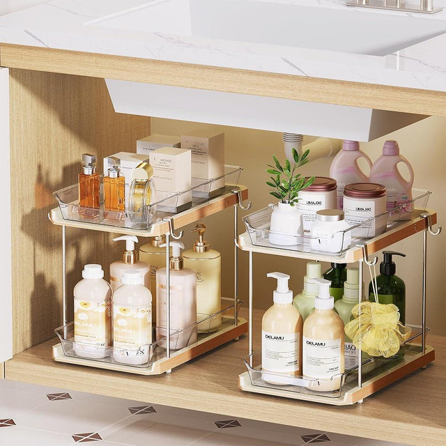 Delamu 2 Tier Bathroom Under Sink Organizers and Storage with Hook, Multi-Purpose Cabinet Drawers with Movable Dividers, Pull Out Organization for Countertop, Kitchen and Pantry(Wood Grain, 2 Pack)