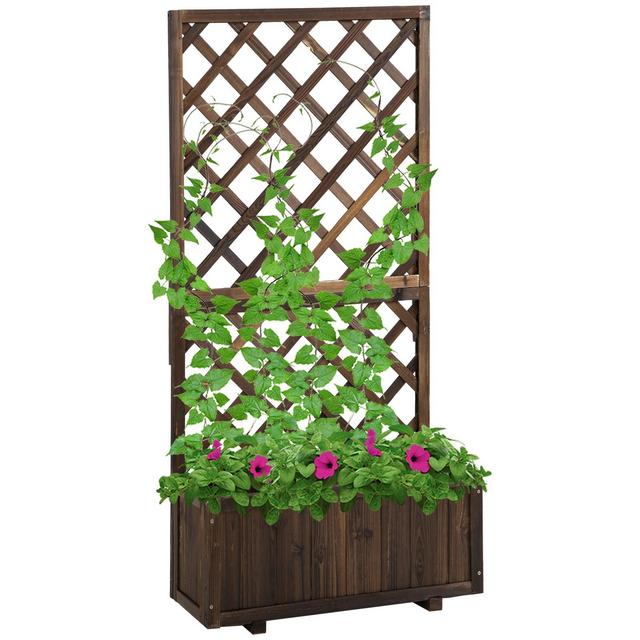 Outsunny Wooden Raised Garden Bed, Raised Planter Box, Planter with Trellis for Climbing Plants Flowers, Brown