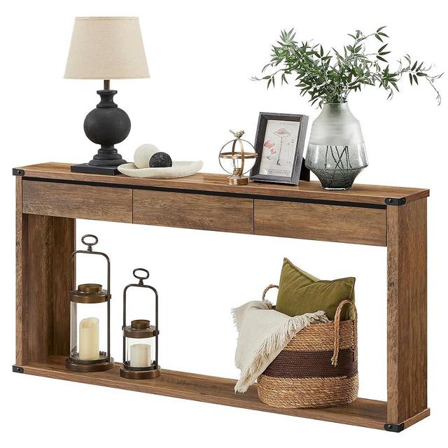 VASAGLE Sofa Console Table, 63 Inches Narrow Entryway Table with 3 Drawers, Bottom Shelf, Metal Corners, for Living Room, Bedroom, Farmhouse Style, Honey Brown ULNT146KB01S