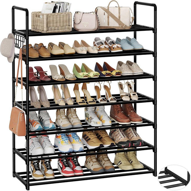 HOMICKER Metal Shoe Organizer,7 Tiers Shoe Storage Shoe Rack with Hooks,Fit 28-35 Pairs,Adjustable Shoe Shelf for Entryway,Hallway,Bedroom,Metal Bottom Support