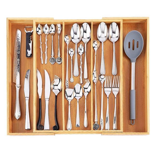 Bamboo Drawer Organizer, Expandable Kitchen Organizer/Utensil Holder and Adjustable Cutlery Tray for Silverware, Flatware, Knives( 5 Slots)