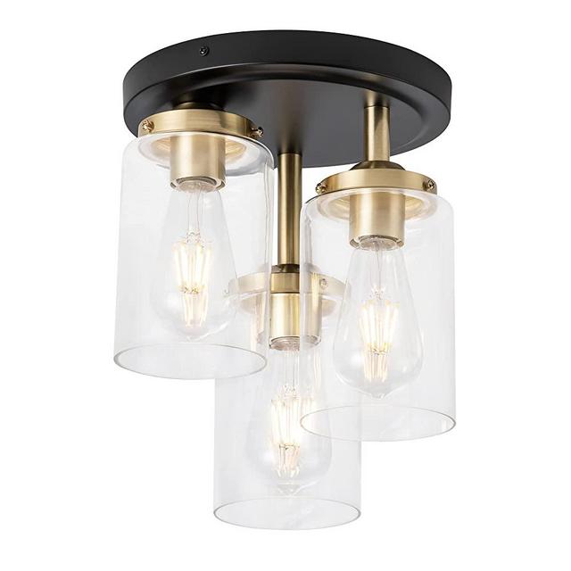 Mayful Semi Flush Mount Ceiling Light, 3-Light Clear Glass Shade Ceiling Light Fixture, Gold Finish Cluster Cylinder Ceiling Light Fixtures for Kitchen Dining Room Hallway Foyer
