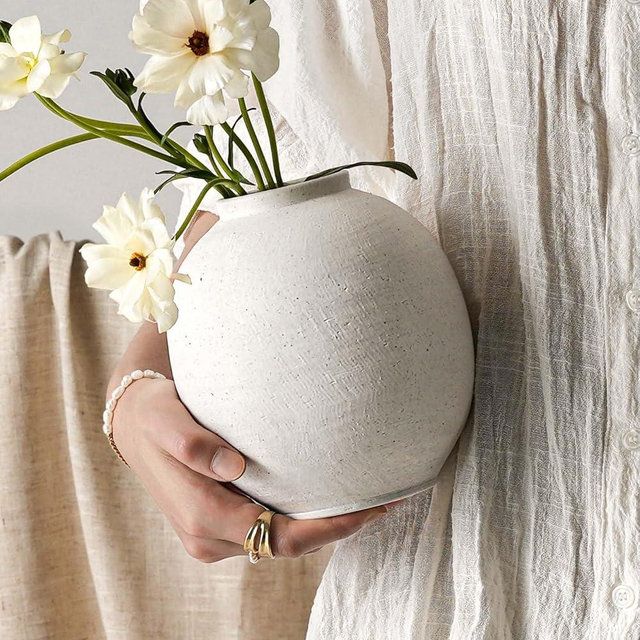 White Ceramic Vase - 6.3 Inch Rustic Farmhouse Flower Vase for Home Decor, Minimalist Vases for Living Room, Table, Bathroom, Holiday & Weddings (Sandstone White)