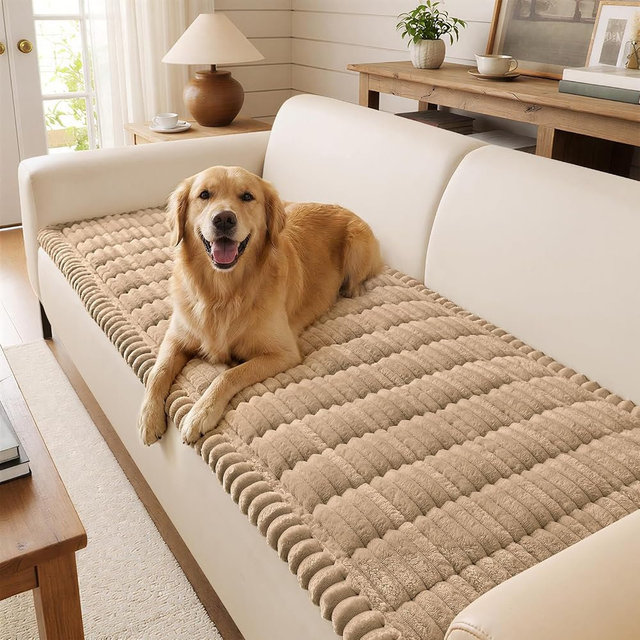 decorUhome Non-Slip Fuzzy Couch Cover for Dogs, Soft Thick Washable Pet-Friendly Protector, Sofa Slipcover for 3 Cushion Couch Sofa, Khaki, 27.6" x 70.9"
