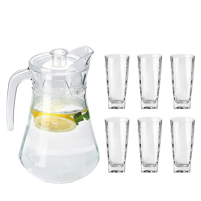 7-Pcs/Set Glass Pitcher with 6 Glasses Tumbler Cups Lid Water Carafe Jug with Spout Handle for Hot/Cold Water Tea Beverage