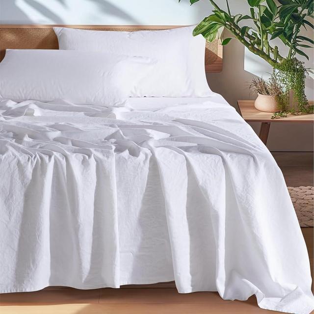 SONORO KATE 100% French Pure Linen Sheets, Breathable and Durable Line Queen Size Sheets, Anti-Tear Line Bed Sheets, Machine Washable, 16 Inch Deep Pocket - 4 Piece (White, Queen)