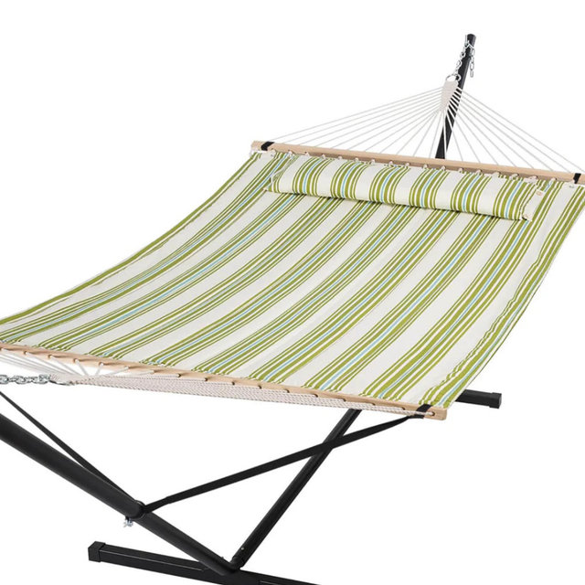 Large Double Quilted Fabric Hammock with 12 Ft/15 Ft Stand & Pillow |SUNCREAT