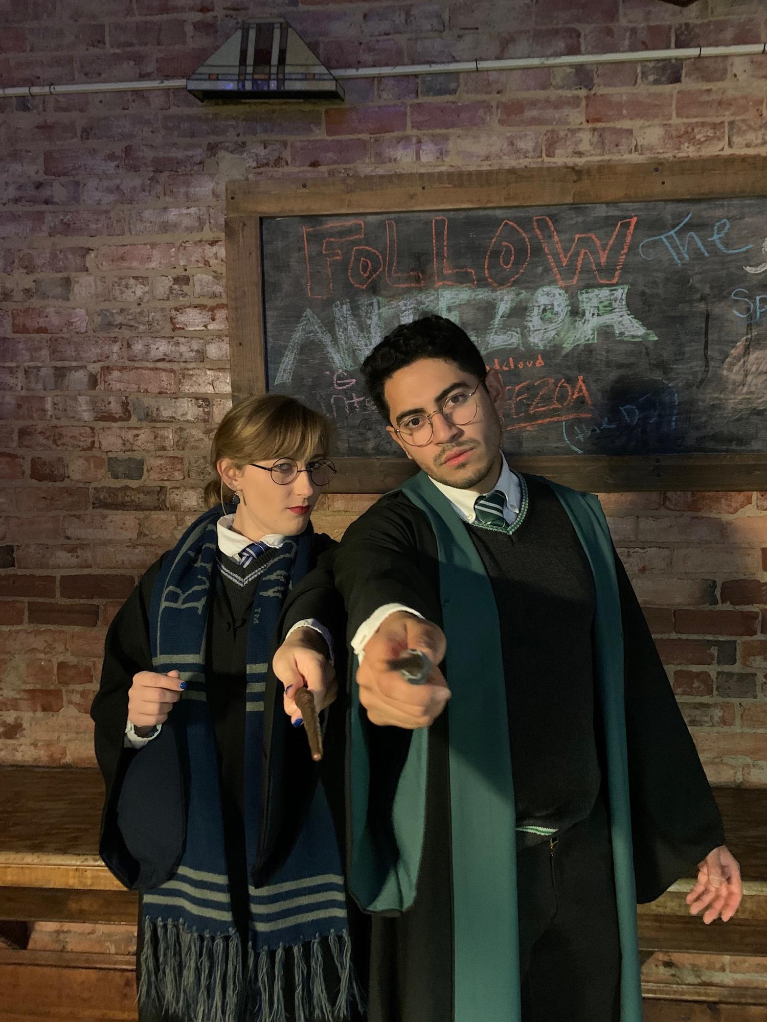 Esteban and Mallory dressed as Hogwarts students for Halloween