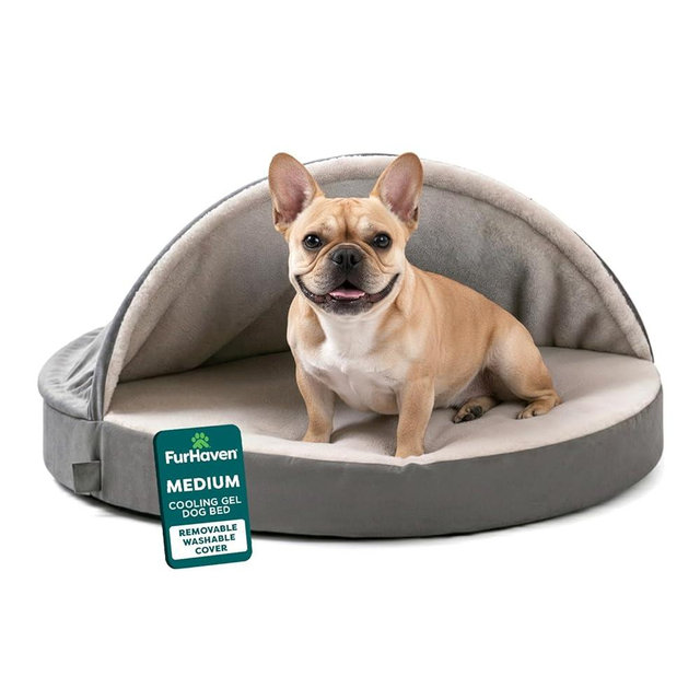 Furhaven 26" Round Cooling Gel Dog Bed for Medium/Small Dogs w/ Removable Washable Cover, For Dogs Up to 30 lbs - Sherpa & Suede Snuggery - Gray, 26-inch