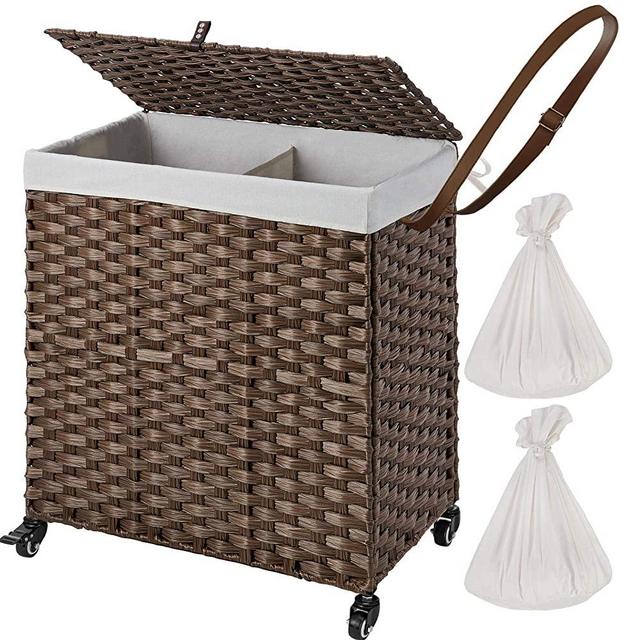 Greenstell Laundry Hamper with Wheels & 2 Removable Liner Bags, Divided Handwoven Hampers, Synthetic Rattan Clothes Laundry Basket with Lid & Handles, Foldable & Easy to Install Brown 22x12x26.4 in