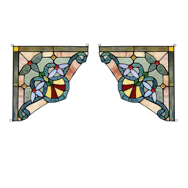 RADIANCE goods Victorian Tiffany-Glass Panel Window Corner 10" Wide, 2pcs Set