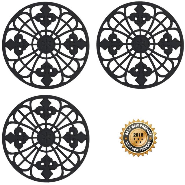 Silicone Trivet Set For Hot Dishes | Modern Kitchen Hot Pads For Pots & Pans | Fleur De Lis Design (Symbol of Royalty) Mimics Cast Iron Trivets (7.5&quot; Round, Set of 3, Black)
