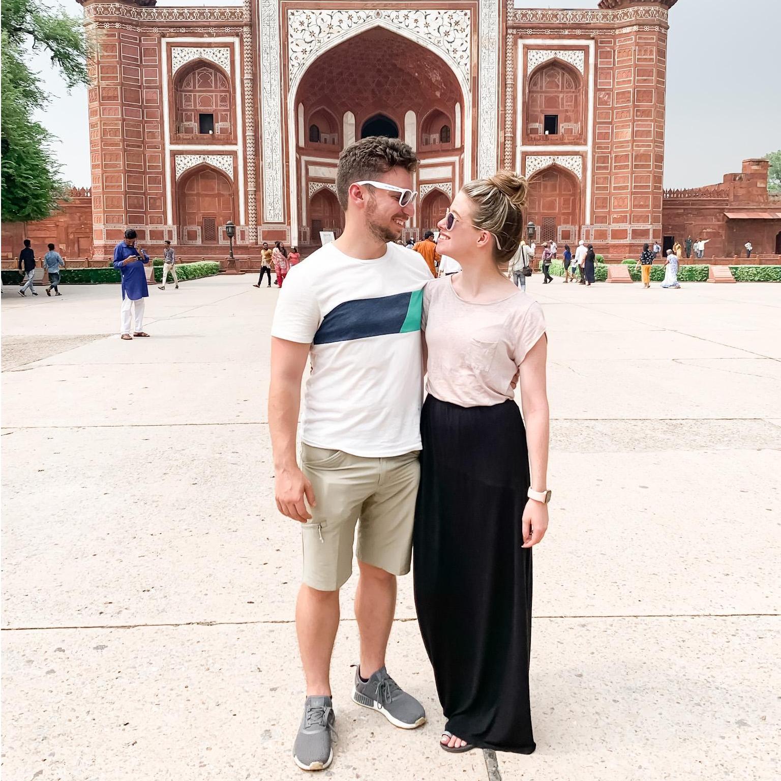 In front of the Royal Gate at the Taj Mahal in Agra, India.