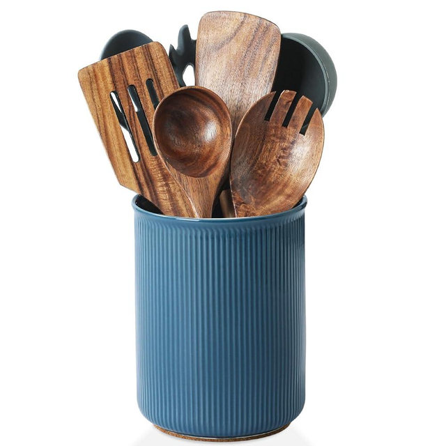 LoeJan Utensil Holder, Extra Large Utensil Crock, Stable Ceramic Utensil Organizer, Cooking Tool Organizer Set for Kitchen Counter Farmhouse Décor, Blue