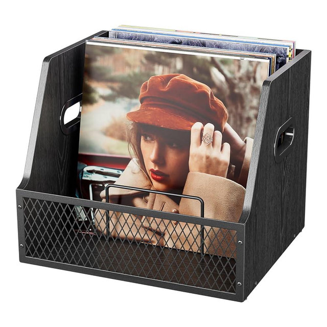Vfelf Vinyl Record Storage with Separators, Record Storage Box for 7/10/12 inch 60+ Vinyl Records Organizer Cases Wood Crate for Magazine Holder Black