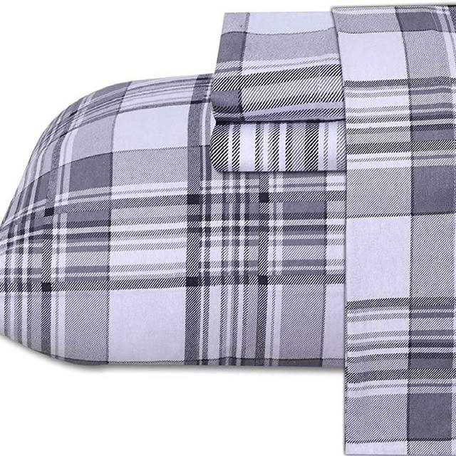 Ruvanti 100% Cotton 4 Piece Flannel Sheets King Balance Plaid Grey Deep Pocket-Warm-Super Soft - Breathable Moisture Wicking Flannel Bed Sheet Set King Include Flat Sheet, Fitted Sheet 2 Pillowcases