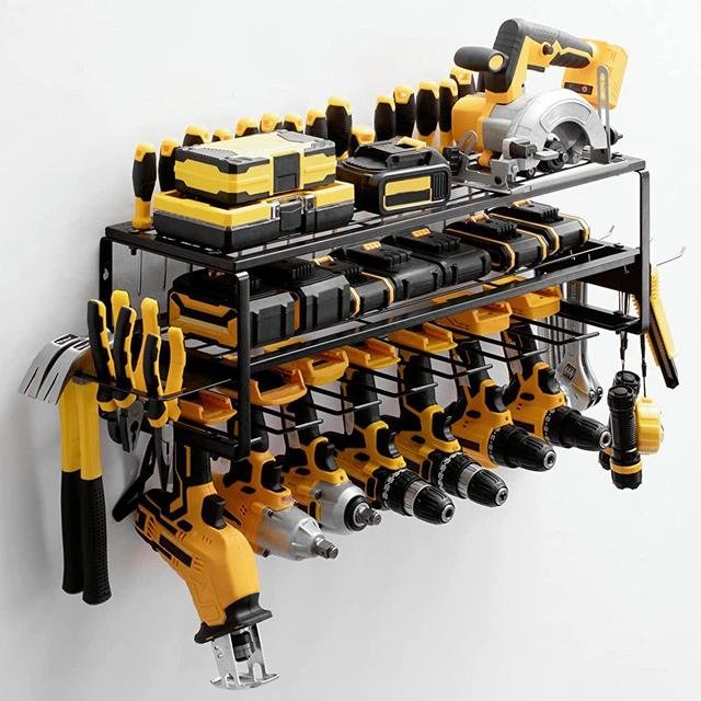 MOOMSINE Power Tool Organizer, Storage Rack for Garage Organization, Wall Mount Cordless Drill Holder and Battery Shelf, Tools Shelves with Charging Station, Heavy Duty Utility Racks - Metal - Large