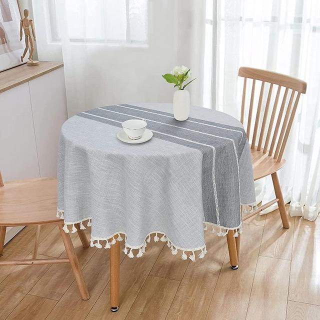 Vonabem Table Cloth Tassel Cotton Linen Table Cover for Kitchen Dinning Wrinkle Free Table Cloths (Grey Lines, 60in Round)
