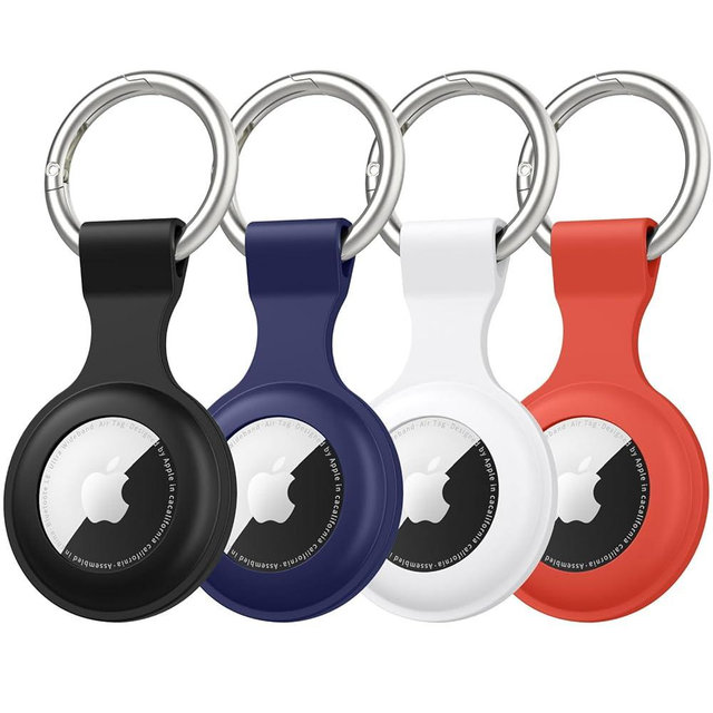 4 Pack Airtag Holder for Apple Air Tag, Airtag Case with Anti-Lost Keychain Key Ring, Silicone Protective Cover for Kids' Backpacks, Dog Collars, Luggage (Black+White+Navy Blue+Red)