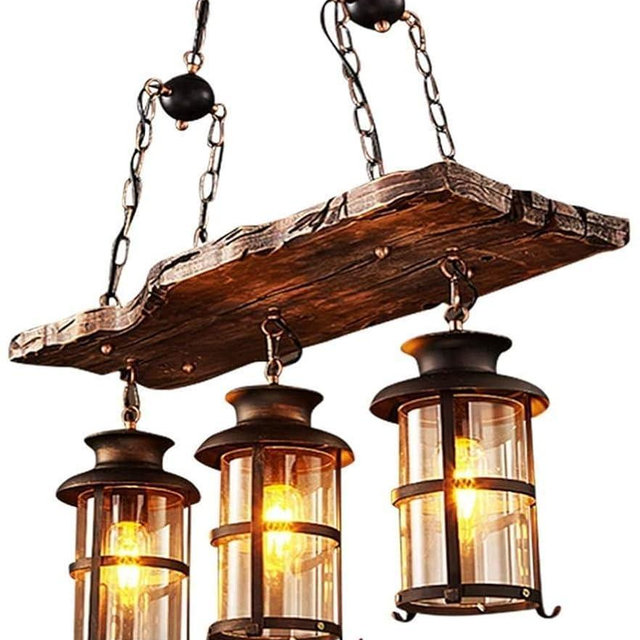 Wood Retro Pendant Lighting Industrial Vintage Chandelier Black Metal Bedroom Restaurant Suspension Lamp Cage Frame with Glass Shade House Loft Bar Coffee Decoration Ceiling Lights Fitting, E27