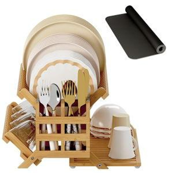 Bamboo Dish Drying Rack, 3 Tier Collapsible