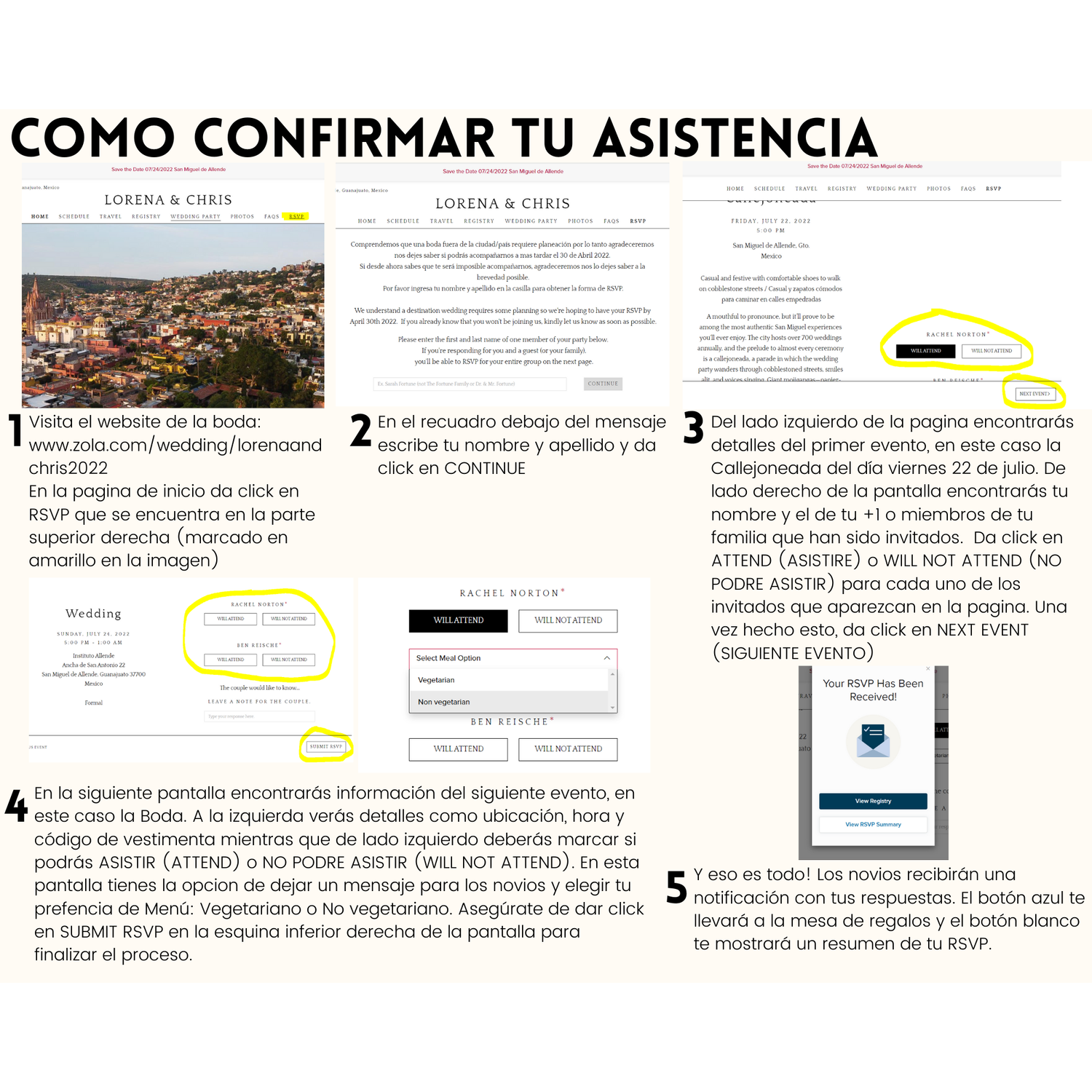 Guia de como realizar tu RSVP. Te agradeceremos lo realices a mas tardar el 15 de Mayo 2022.