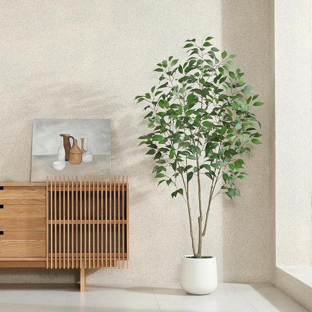 Artificial Ficus Tree,6FT Fake Tree in White Imitation Ceramic Planter with Lifelike Moss,Faux Ficus Silk Tree for Indoor Entryway Modern Decor Home Office Porch Balcony Shopping malls