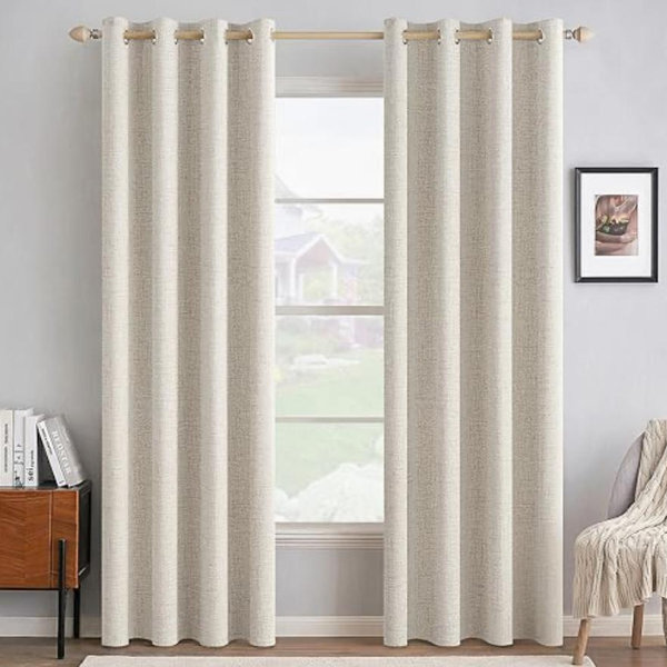 MIULEE 100% Blackout Linen Curtains for Bedroom Thermal Insulated Birch Grommet Room Darkening Curtains & Drapes for Living Room Nursery 52 x 84 Inch (2 Panels)