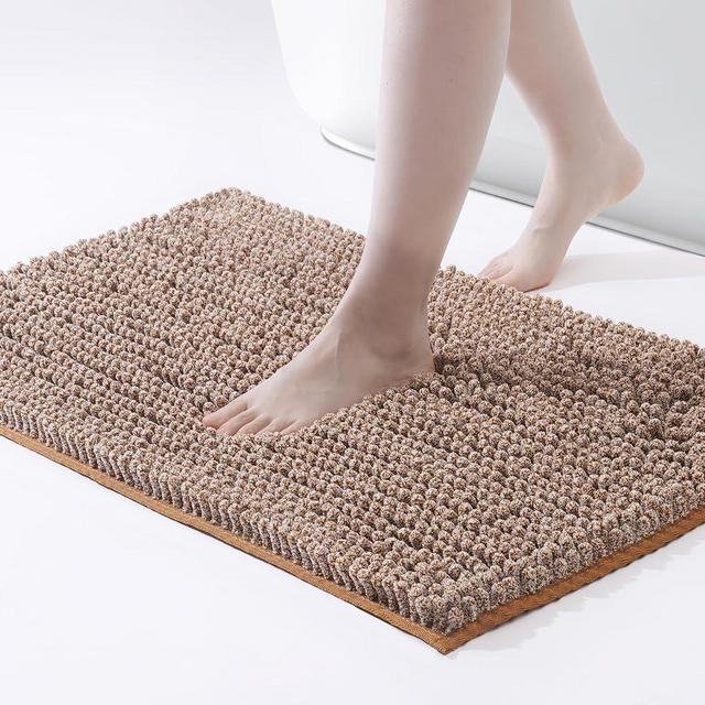 FRESHMINT Chenille Bathroom Rugs Mat 32"x20", Non-Slip Bath Mat for Bathroom Floor & Bathtub, Washable Shower Shag Bath Rugs, Soft Fluffy Thick Water Absorbent Microfiber Shower Mat, Caramel & White