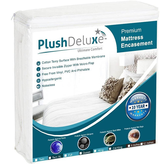 PlushDeluxe Premium Zippered Mattress Encasement, Waterproof, Bed Bug & Dust Mite Proof 6-Sided Protector Cover, Hypoallergenic Cotton Terry Surface (Fits 9 -12 Inches H) Twin XL