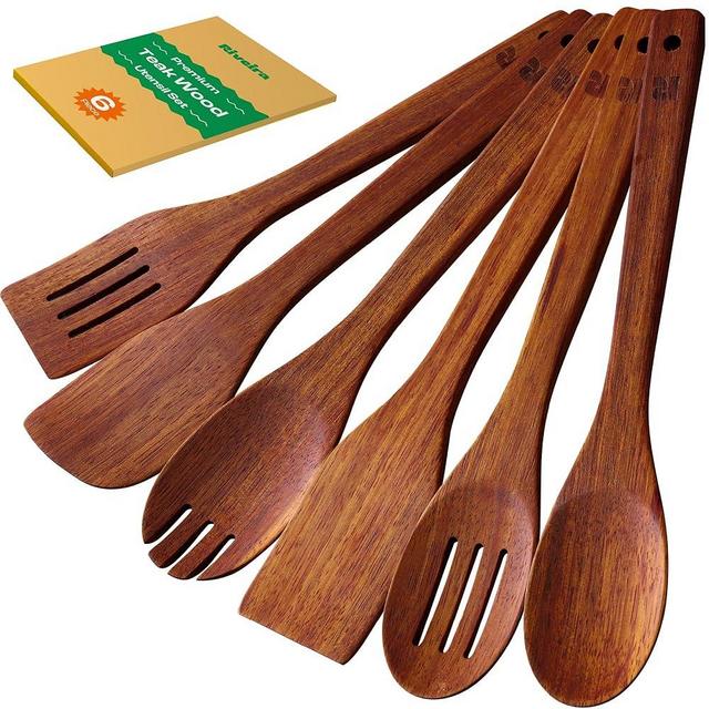Riveira Teak Wooden Spoons for Cooking Set of 6 – Natural Teak Wooden Cooking Utensils, Wooden Spatula, Wooden Spoon - Premium Quality Wooden Utensil Set for Non-Toxic Cooking