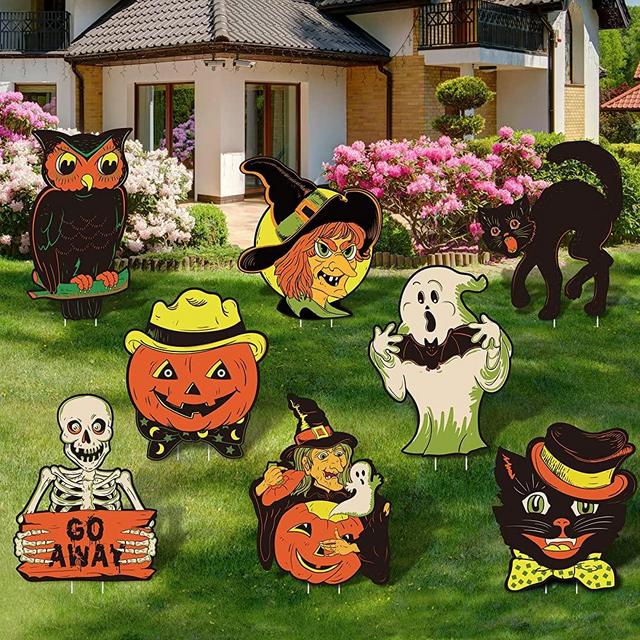 8 Pieces Halloween Yard Signs Vintage Lawn Decorations with Stakes Sturdy Corrugated Plastic Outdoor Decorations Witch Black Cat Pumpkin Ghost Owl Skeleton Garden Signs for Scary Halloween Party