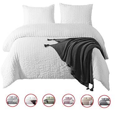 DuShow King Duvet Cover Set Solid White Bedding Set 3 Pieces(1 Duvet Cover + 2 Pillowcases) Seersucker Hotel Quality Comforter Cover Set with Zipper Closure