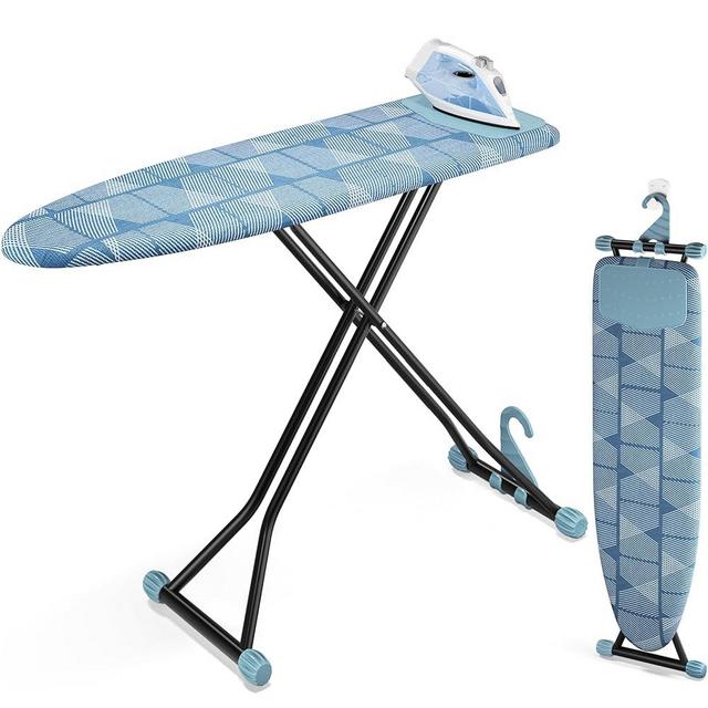 KINGBOARD Ironing Board, Compact Iron Board with Silicon Iron Mat, Heat Resistant Cover, 7 Height Adjustable, Foldable Ironing Board Wall Mount Hanger, 13x43 Blue