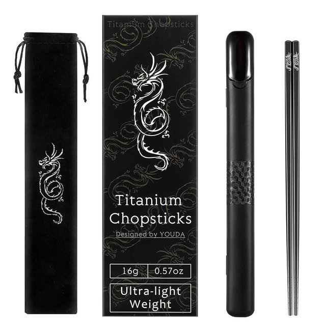 Youda 99.8% Pure TITANIUM Chopsticks 1 Pairs with Black Carrying Case Ultralight and Reusable Chopsticks for Camping, Home, Travel