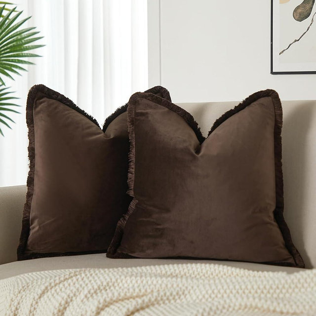 JUSPURBET Pack of 2 Coffee Decorative Fringe Velvet Throw Pillow Covers 16x16 for Home Decor Living Room Bedroom Car Boho Soft Cushion Cover with Hidden Zipper Machine Washable
