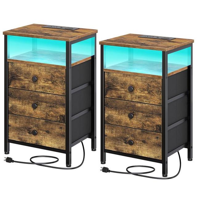 YATINEY Nightstands Set of 2, Night Stand with Wireless Charging Station, Side Table with LED Lights, End Table with 3 Non-Woven Drawers, Bedside Tables for Living Room, Bedroom, Rustic Brown ET13L2BR