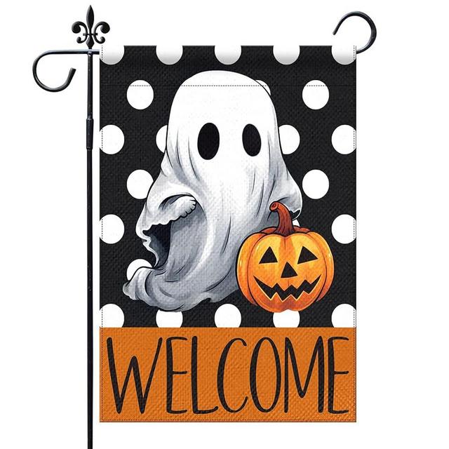 Halloween Ghost Garden Flag 12x18 Inch Double Sided Polka Dots Holiday Outside Decorations Welcome Flag, Halloween Outdoor Garden Flag for Holiday Yard Decorations