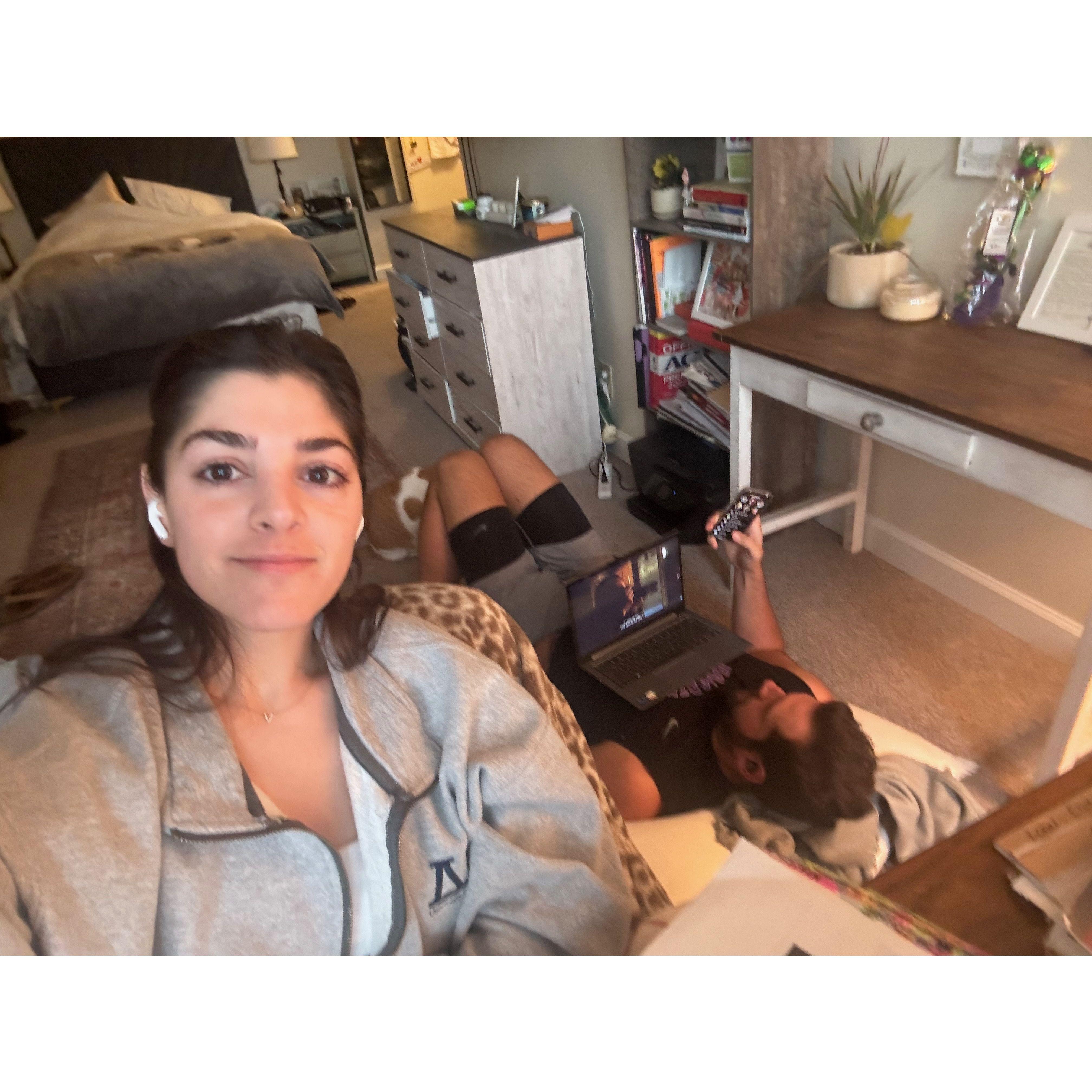 Andy likes to hang out with me, even when I study. He will come lay on the floor and do work or just lay and hang out and keep me company.