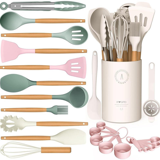 Silicone Cooking Utensils Set - Silicone Kitchen Utensils for Cooking Wooden Handles, 446°F Heat Resistant Kitchen Utensil Spatula Sets w Holder, Gadgets for Non-Stick Cookware BPA FREE (Multicolour)