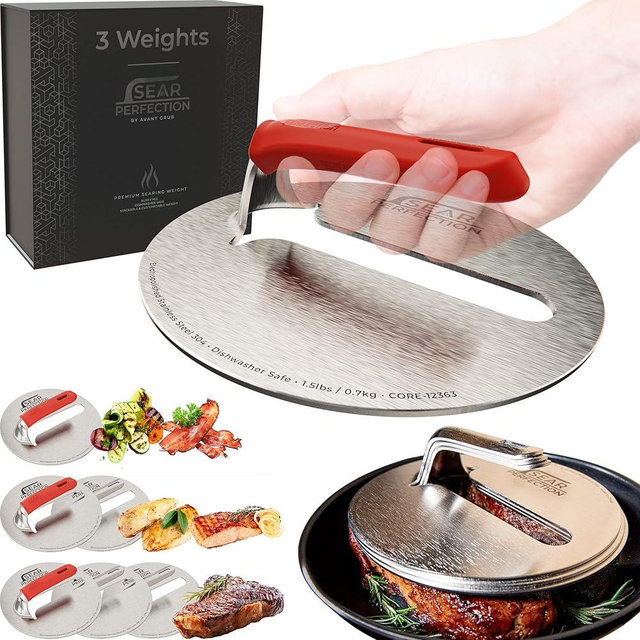3x Sear Perfection Stackable Steak Weight (4.5lb Total). Chef-Grade Stainless Steel Round Stacking Grill Press for Meat, Bacon, Burgers. Great Gift for Dad or Griddle, Skillet, or Flat Top Enthusiast