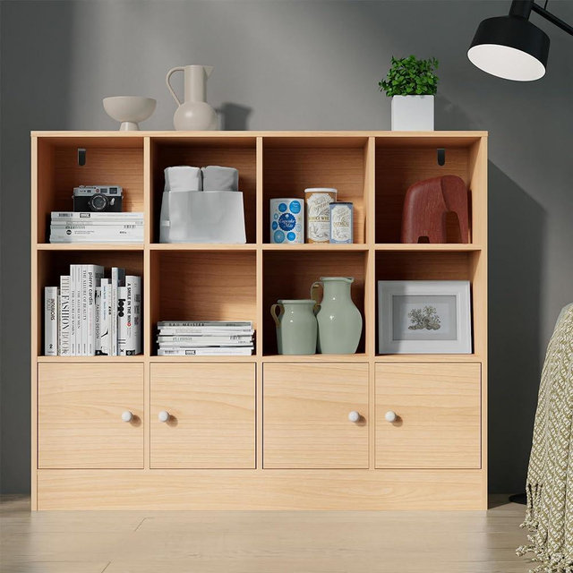 Cozy Castle Oak Bookshelf with 12 Cubes and 4 Doors, 2-Tier Open Shelf Bookcase with Anti-Tilt Device for Bedroom, Living Room