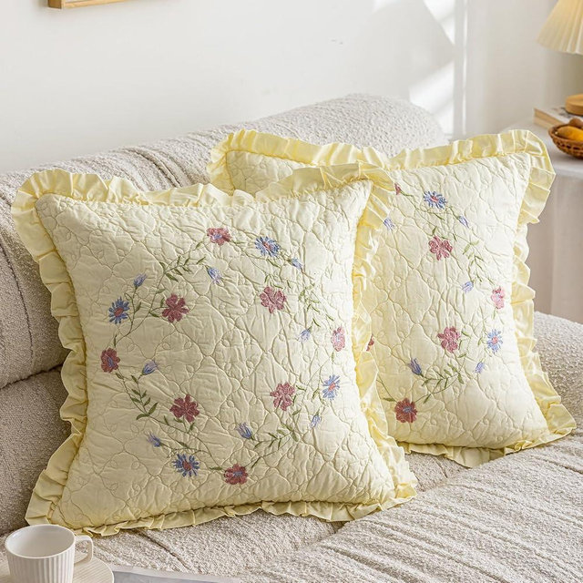 vctops Set of 2 Cotton Quilted Embroidered Decorative Square Throw Pillow Covers with Ruffles Floral Soft Cushion Case for Couch Sofa Bed (Flower B,18"x18")