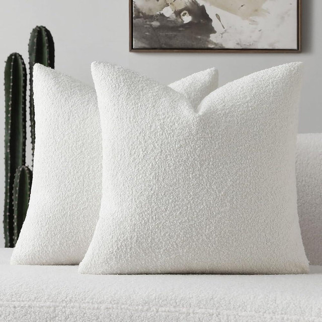 FUTEI Pack of 2 White Decorative Throw Pillow Covers 24x24 Inch Soft Cozy Solid Boucle Textured European Cushion Case,Modern Home Decor for Couch Bed Living Room
