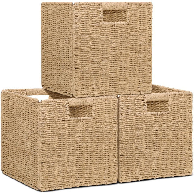 Wicker Storage Baskets for Organizing, 3 Pack Rustic Foldable Square Basket for Shelves, Handwoven Cubby Organizer Bins for Home Decor, Small Cube Storage Bin for Closet Organization (Natural 11 inch)