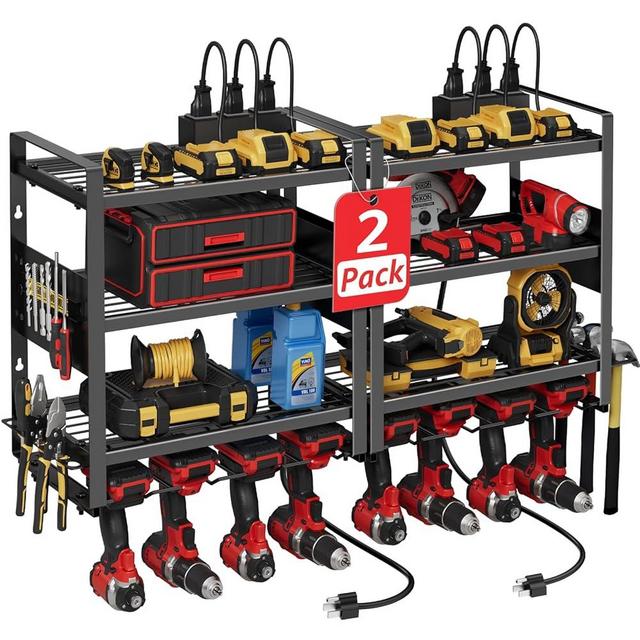 NUTIKAS Power Tool Organizer with Charging Station Wall Mount - 2 Pack Drill Holder Storage Rack Garage Organization Cordless Tools Oaganizers