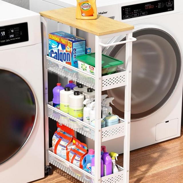 OKZEST Utility Slim Storage Cart, 4 Tier Small Rolling Kitchen Laundry Room Cart with Wood Top, Metal Narrow Bathroom Storage Cabinet Mobile Shelf Unit Organizer Trolley with Handle for Narrow Space