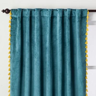 Velvet Curtain Panel with Yellow Tassels Teal Green 84" - Opalhouse™