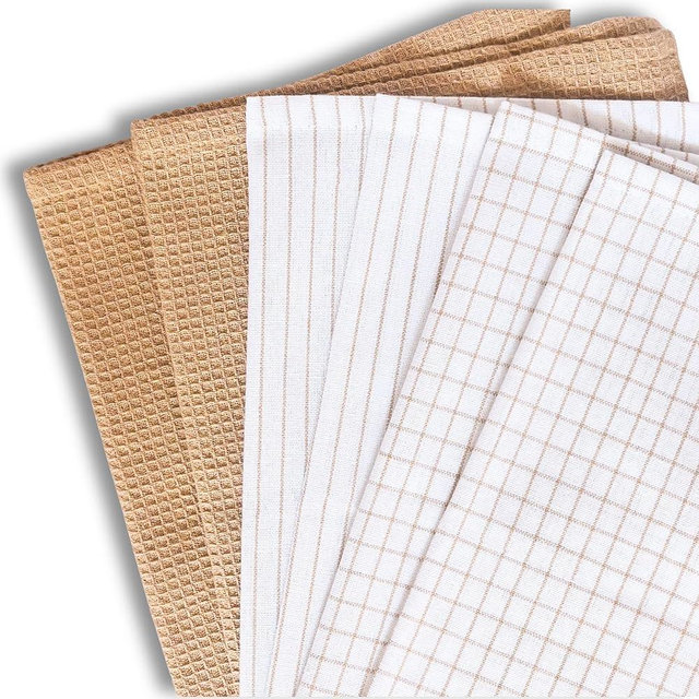 LIVINATI Highly Absorbent Cotton Kitchen Towels for Drying Dishes - Set of 6 Dish Towels - Narrow Beige Stripes Plaid Waffle Dishtowels - 18"X28" Large Lint Free Linen Tea Hand Bulk T Towls