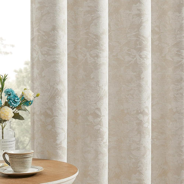 Beauoop Beige Floral Jacquard Blackout Curtains 96 Inches Long 2 Panels for Bedroom Living Room Chenille Flower Room Darkening Thermal Insulated Soundproof Rod Pocket Back Tab Window Drapes, 52x96